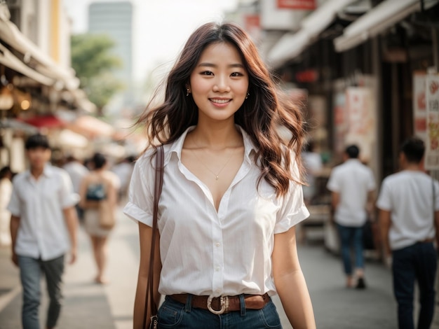 a woman in a white shirt is walking down the street