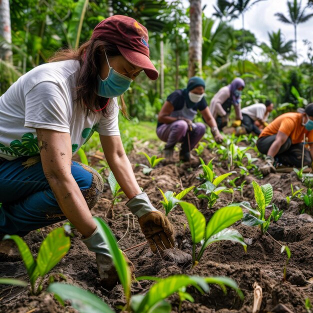 a woman in a white shirt is working in a field with plants