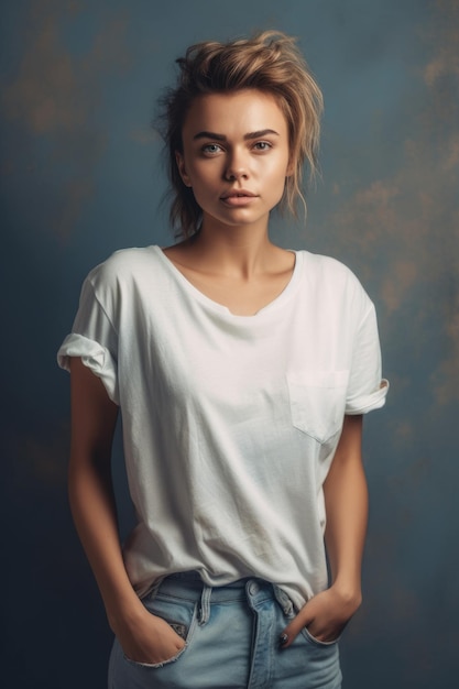 A woman in a white shirt and jeans stands in front of a gray background.