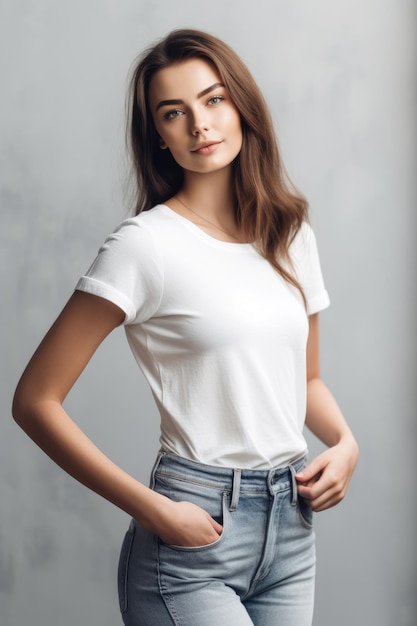 A woman in a white shirt and jeans stands in front of a gray wall