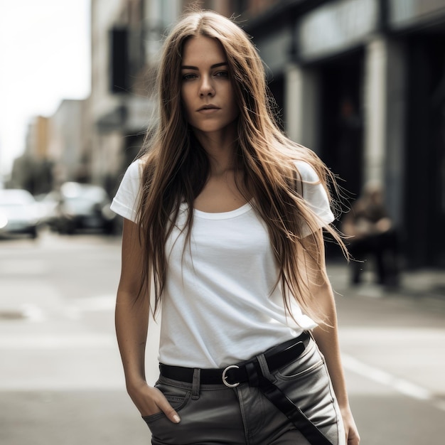 A woman in a white shirt and leather pants walks down a street.