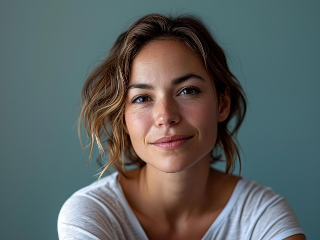 A woman in a white shirt looking at the camera