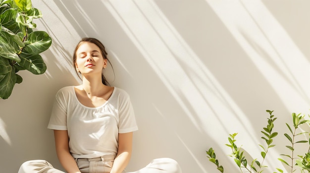 A woman in a white shirt sits relaxed against a sunlit wall eyes closed enjoying the sunlight surrou