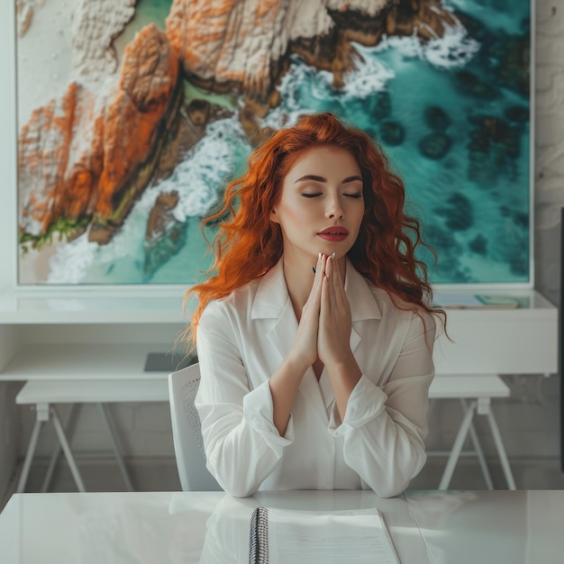 a woman in a white shirt sits at a table with a painting of a woman in front of her