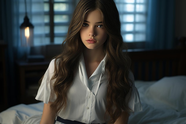 a woman in a white shirt sitting on a bed