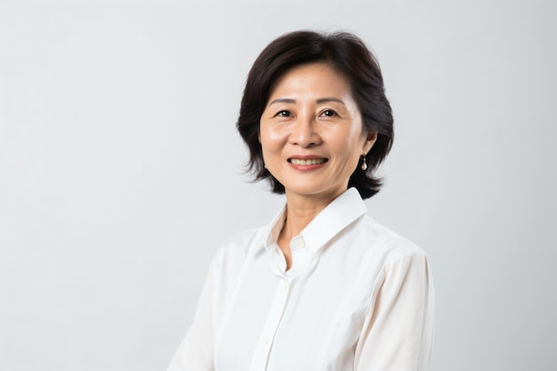 a woman in a white shirt smiles at the camera