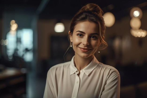 A woman in a white shirt smiles at the camera.