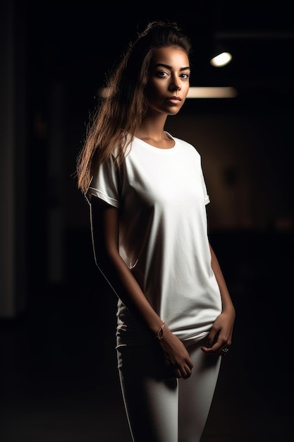 A woman in a white shirt stands in a dark room.