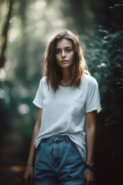 A woman in a white shirt stands in a forest.