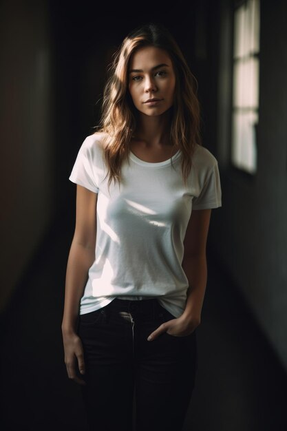 A woman in a white shirt stands in front of a dark wall