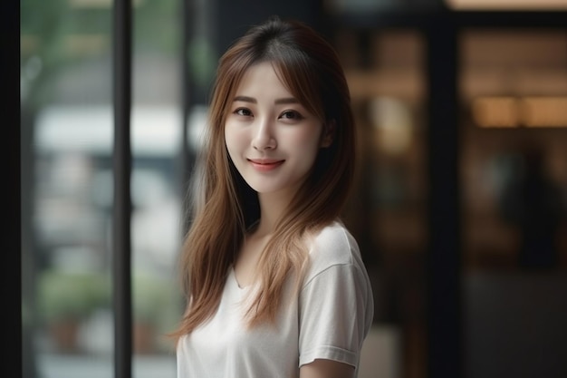 A woman in a white shirt stands in front of a glass door.