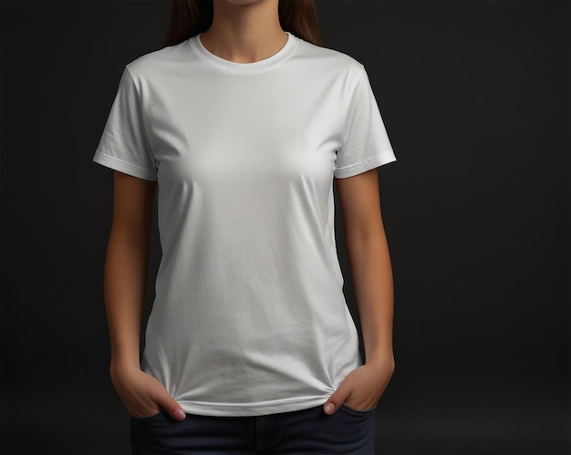 A woman in a white shirt stands in front of a gray background Mockup Ai Images