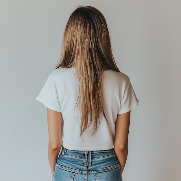 a woman in a white shirt stands in front of a white wall