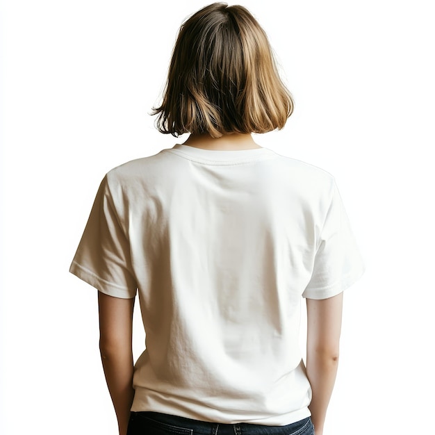 a woman in a white shirt stands in front of a white wall