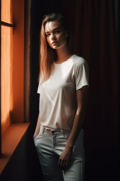 A woman in a white shirt stands in front of a window.