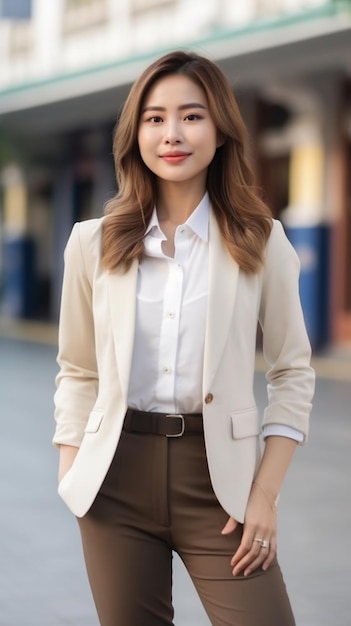 A woman in a white shirt and tan pants stands in front of a street.