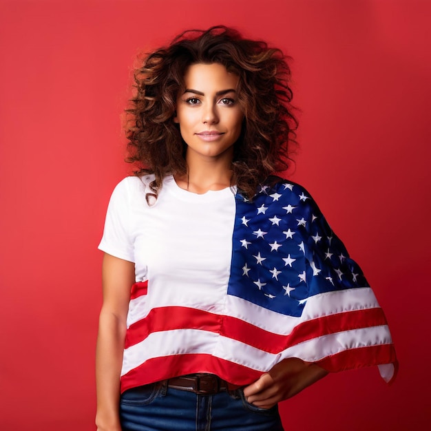 a woman in a white shirt that says  the american flag