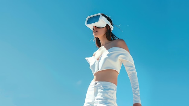 woman in white shirt wearing vr glasses Virtual Reality AI concept metaverse