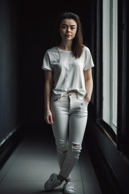 A woman in a white shirt and white jeans stands in a dark room.