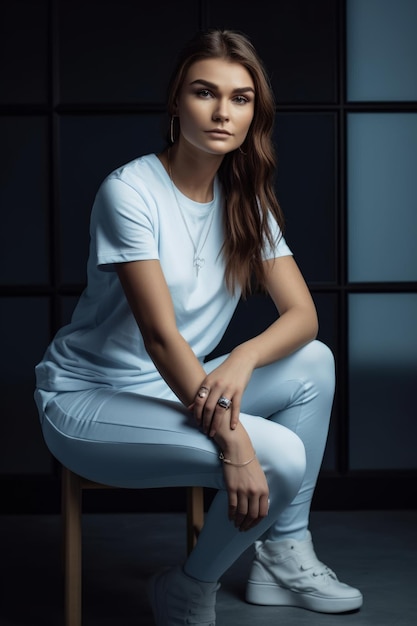 A woman in a white shirt and white pants sits on a stool.