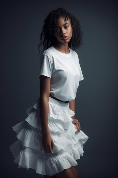 A woman in a white shirt and a white skirt is standing in a dark room.