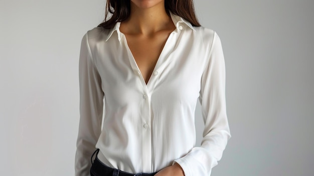 a woman in a white shirt with a black tie in her hand