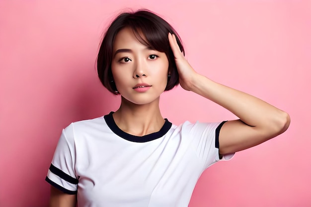 A woman in a white shirt with a black and white striped collar stands in front of a pink wall.