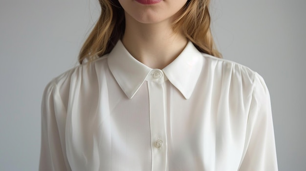 a woman in a white shirt with a collar that says quot shes wearing it quot