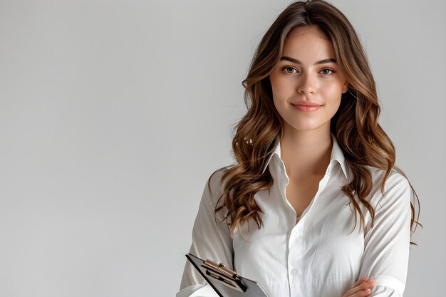 a woman in a white shirt with her arms crossed