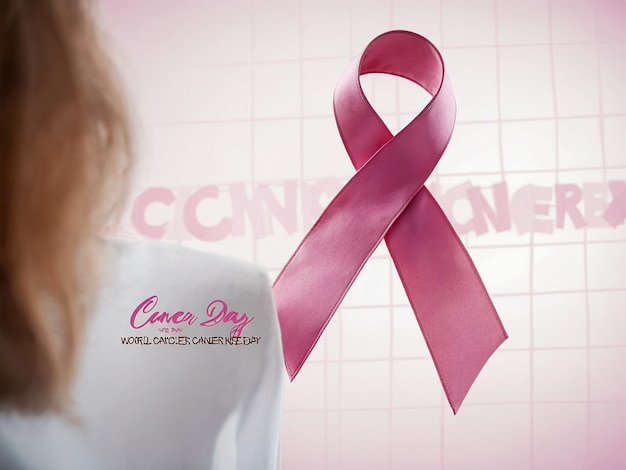 a woman in a white shirt with a pink ribbon on it