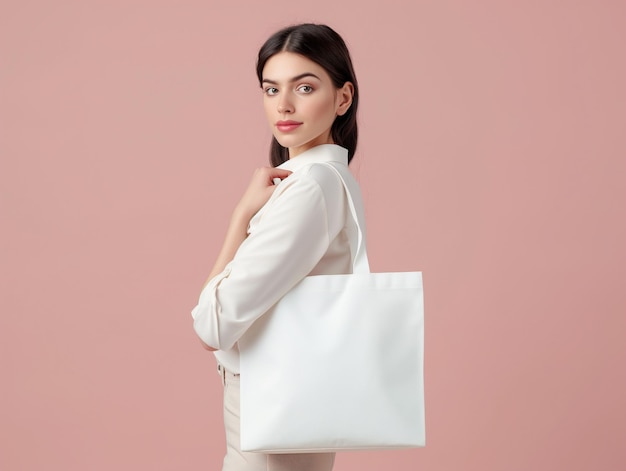 a woman in a white shirt with a white bag