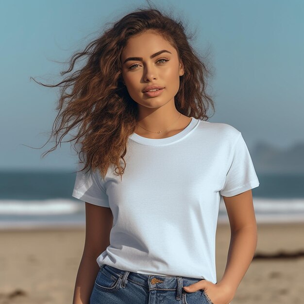 A woman in a white shirt with the word " on it " on it.