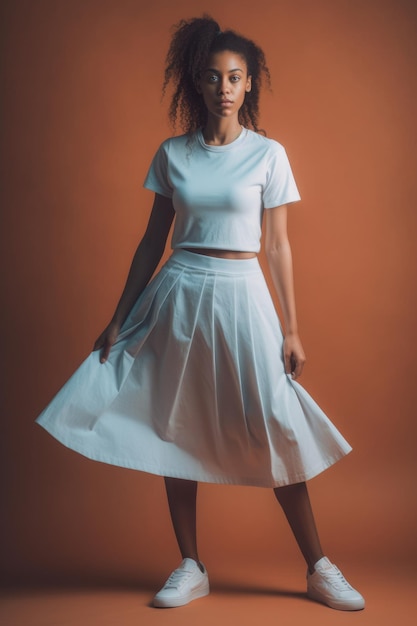 A woman in a white skirt and a white top stands against a brown background.