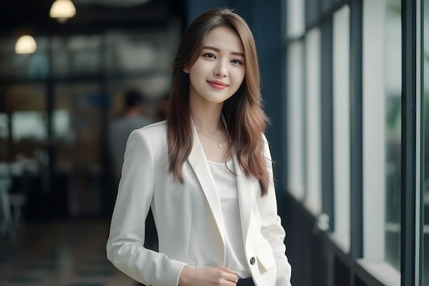 A woman in a white suit and black pants stands in front of a window.