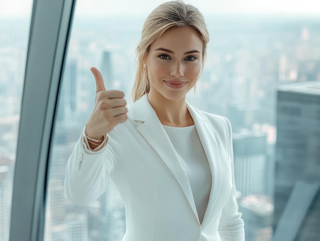 Photo a woman in a white suit giving a thumbs up