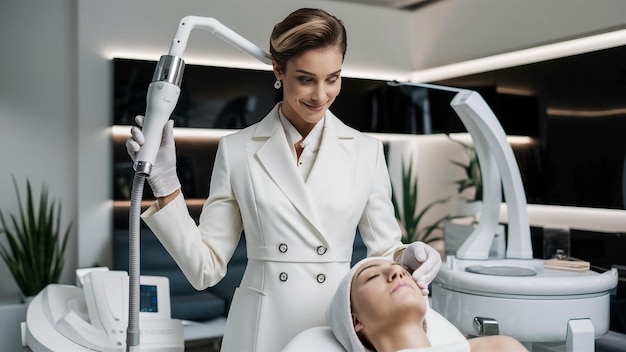 Photo a woman in a white suit is holding a faucet