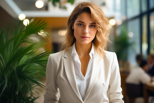 Woman in white suit is posing for picture Generative AI