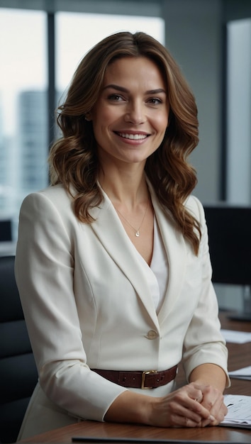 a woman in a white suit smiles at the camera