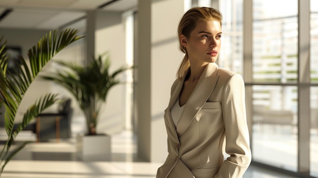 Photo a woman in a white suit stands in front of a plant and a potted plant