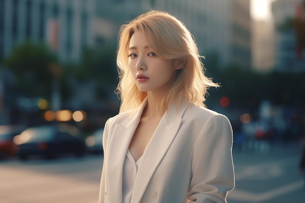 A woman in a white suit stands in front of a street with a city in the background.