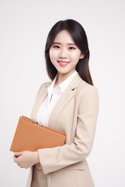 A woman in a white suit stands in front of a white background