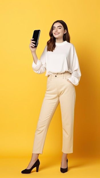 A woman in a white sweater and beige pants holds a black coffee cup.