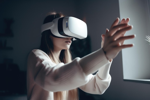 A woman in a white sweater is using a virtual reality headset.