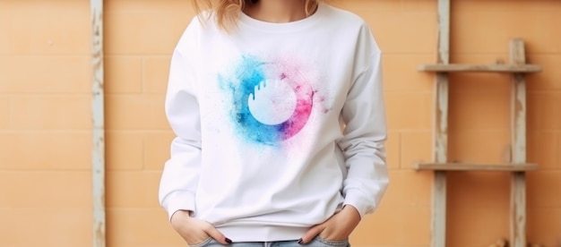 Woman in a white sweatshirt with a colorful watercolor print standing against a brick wall Concept of casual fashion urban streetwear artistic clothing design