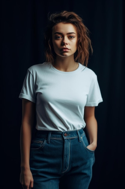 A woman in a white t - shirt and blue jeans stands in front of a black background.