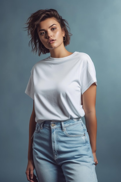 A woman in a white t - shirt and blue jeans stands in front of a grey background.