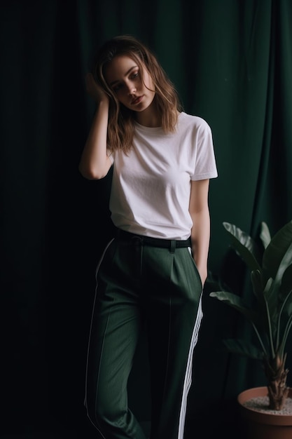 A woman in a white t - shirt and green pants stands in front of a green plant.