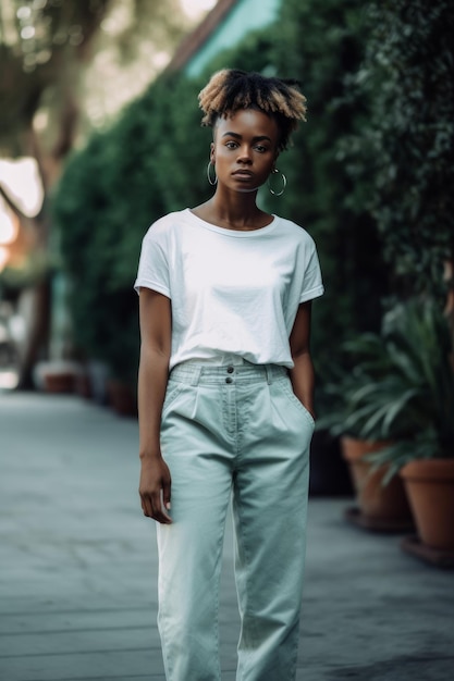 A woman in a white t - shirt and green pants stands on a street.