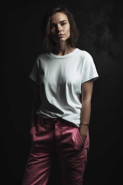 A woman in a white t - shirt and pink pants stands in a dark room.