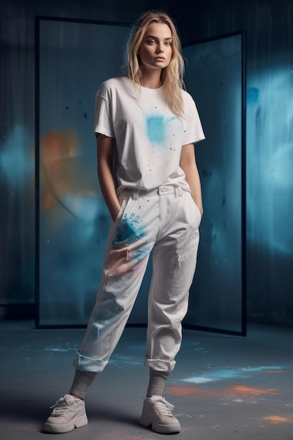 A woman in a white t - shirt stands in front of a blue background.